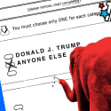 Alt: A photo illustration of an elephant checking off “anyone else” on a ballot with Donald Trump.