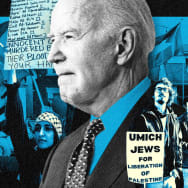 A photo illustration of Joe Biden surrounded by pictures of pro-Palestinian protesters.