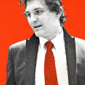 An illustration of FTX founder Sam Bankman-Fried on a red background.
