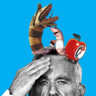 A photo illustration of Robert F. Kennedy Jr. with worm characters on his head.