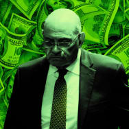 A photo illustration featuring Allen Weisselberg in front of money
