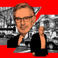 A photo illustration of 1120 Fifth Ave split in half with pictures of Clifford Press and John Breglio in between.