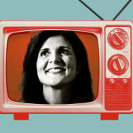Photo illustration of Nikki Haley in an old tv with Vivek Ramaswamy coming out behind either side