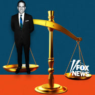 An illustration including photos of Hunter Biden, the Fox News logo, and a justice scale