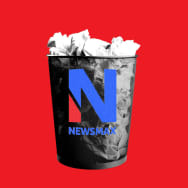 Newsmax logo illustrated over a trash bin.