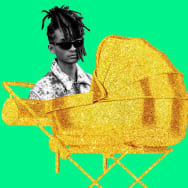 An illustration including a photo of Jaden Smith and a golden stroller