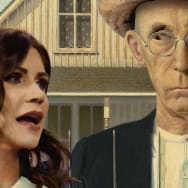Photo illustration of Kristi Noem’s face on the woman’s body of the Grant Wood painting, American Gothic, with the man’s eyebrow raised and giving her side-eye.