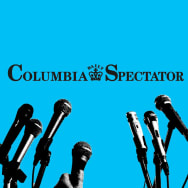 A photo illustration of the Columbia Spectator logo in front of microphones