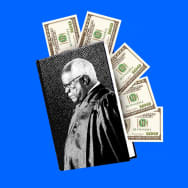 A photo illustration of Clarence Thomas on a book stuffed with hundred dollar bills