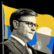 A photo illustration of Mike Johnson in front of a Ukrainian flag.