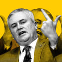 A photo illustration of James Comer pointing two ways.