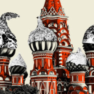 Photo illustration of St. Basil’s Cathedral in Moscow, Russia with tinfoil hats on top of its onion domes