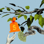 Photo illustration of a Garden of Eden scene with a snake with money in its mouth and a bag of money hanging from the tree