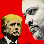 Photo illustration of Donald Trump and Alvin Bragg on a red background