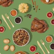 Turkey and other Thanksgiving dishes on a table.