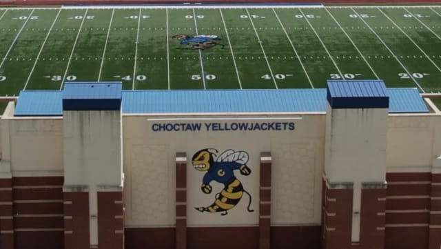 A photo of the football field at Choctaw High School. A 16-year-old was killed after a shooting broke out at a high school football game in Oklahoma.