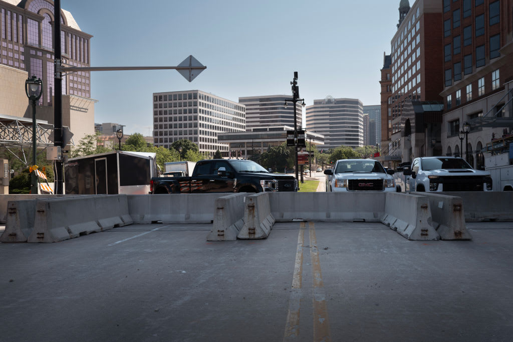 Concrete blockades have been put in place on all blocks surrounding Fiserv Forum, where the RNC begins Monday.