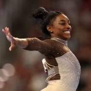 Simone Biles competes in the floor exercise during the 2024 Xfinity U.S. Gymnastics Championships in Fort Worth, Texas.