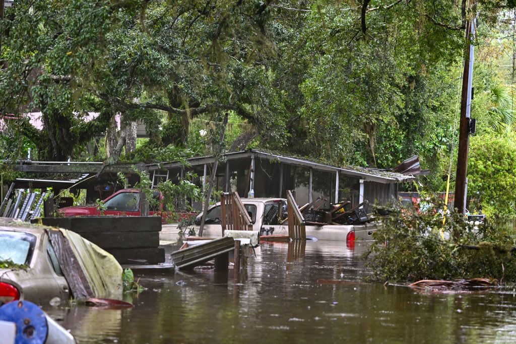 A backyard is flooded in Steinhatchee, Florida, by Hurricane Idalia.