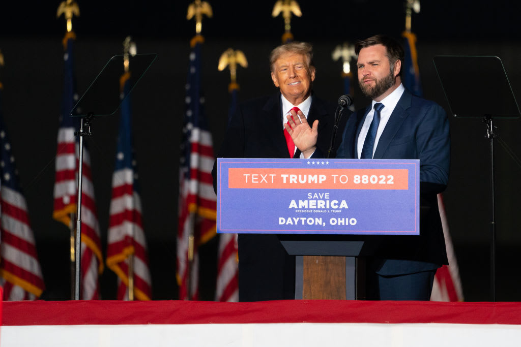 Donald Trump invites JD Vance on stage during a “Save America” rally in Vandalia, Ohio.