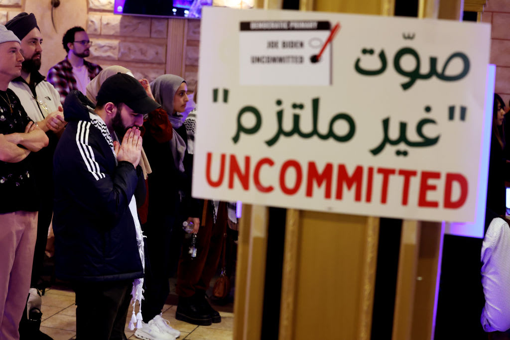 Attendees listen to speeches during an "Uncommitted for Joe Biden" primary election night watch party on February 27, 2024 in Dearborn, Michigan.