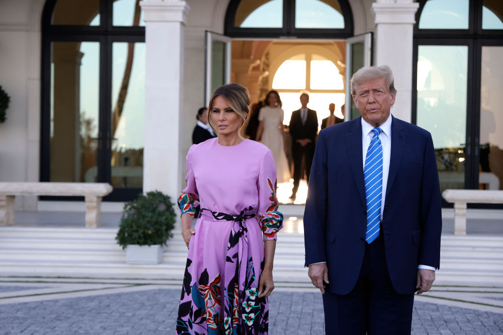 Former President Donald Trump and former first lady Melania Trump arrive at the home of billionaire investor John Paulson in Palm Beach, Florida for a fundraiser.