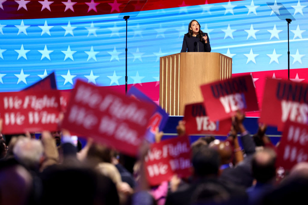 Rep. Alexandria Ocasio-Cortez (D-NY) speaks on the first day of the Democratic National Convention (DNC) at the United Center in Chicago, Illinois.