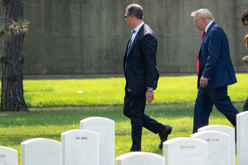 Former U.S. President Donald Trump departs Arlington National Cemetery after an event to honor the lives of those who died at the Abbey Gate Bombing at Hamid Karzai International Airport in Kabul.