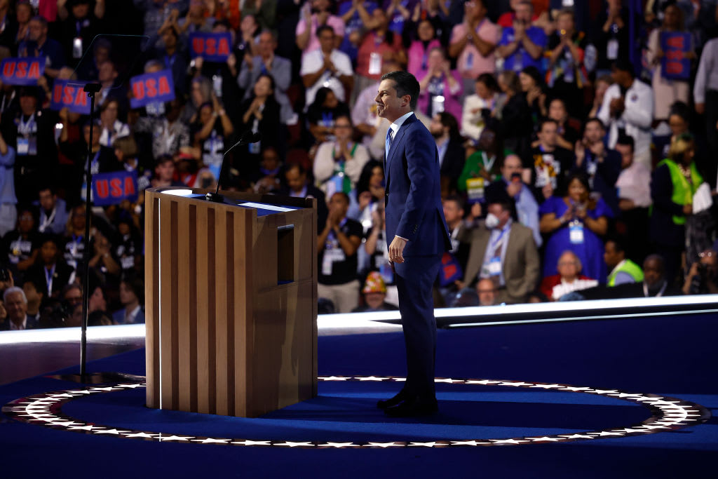 US Transportation Secretary Pete Buttigieg speaks on the third day of the Democratic National Convention in Chicago.