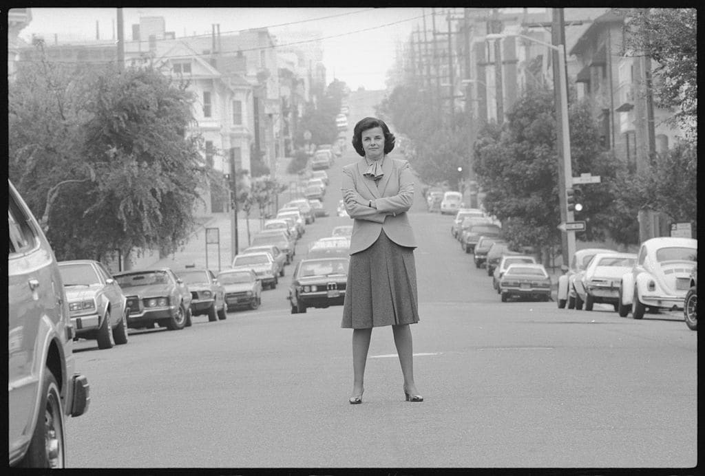 San Francisco Mayor Dianne Feinstein stands in the middle of Steiner Street looking tough to illustrate her campaign of “taking a stand” against crime in San Francisco.