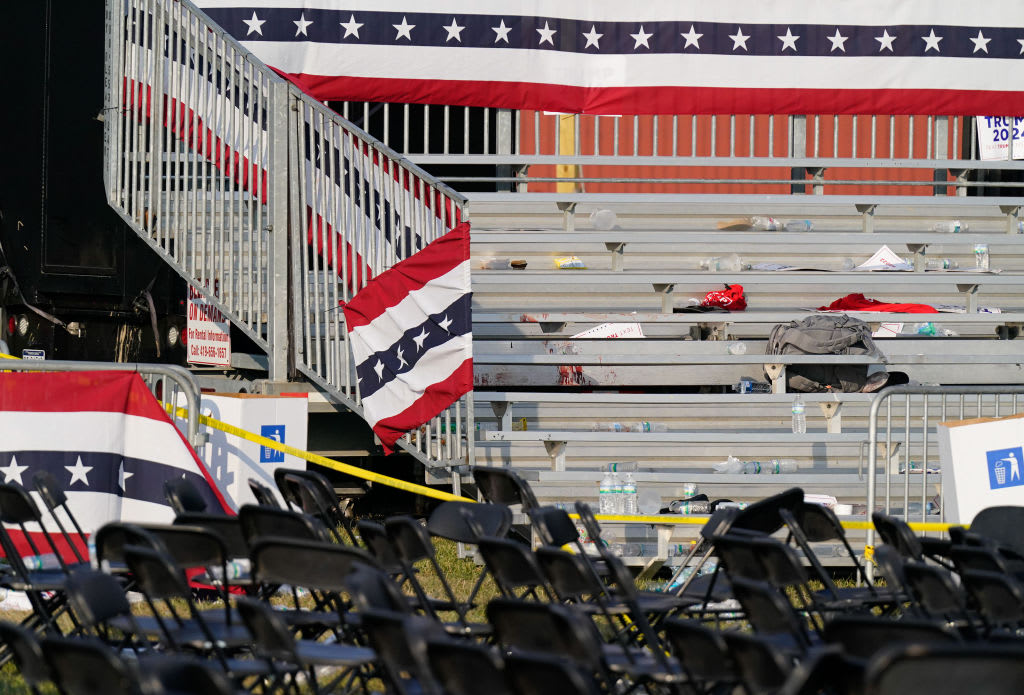 Blood is seen in the bleachers at a campaign rally site for Republican presidential candidate former President Donald Trump.