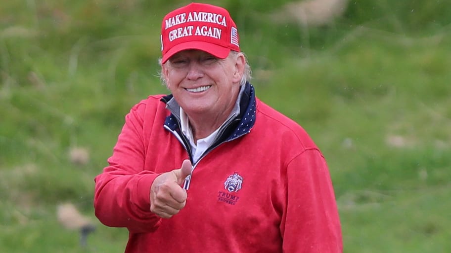 Donald Trump gestures as he plays golf at Trump International Golf Links course, in Doonbeg, Ireland May 4, 2023. 