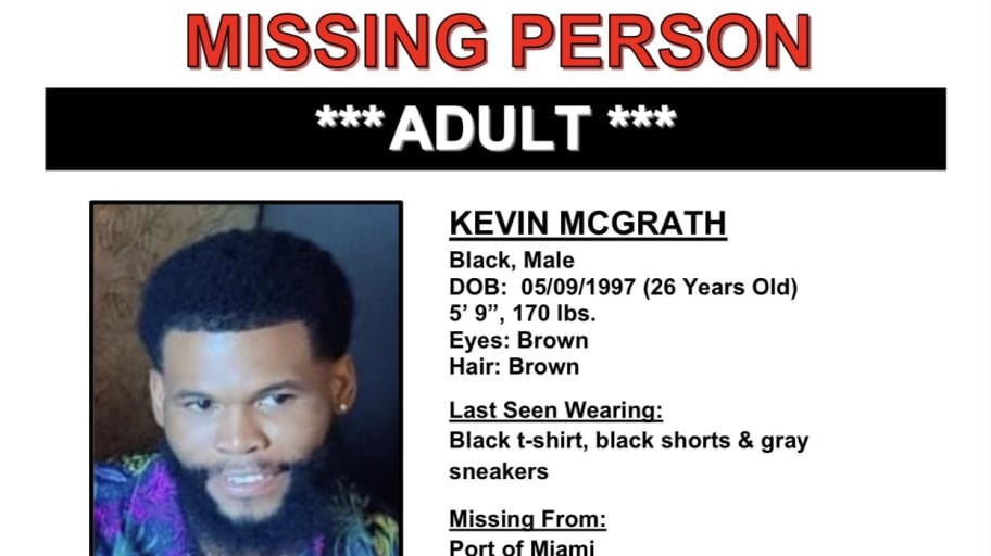 Missing person notice for Kevin McGrath, 26, who disappeared during a cruise between the Bahamas and Florida.