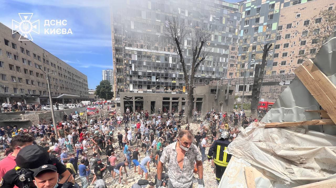 Emergency officials and civilians conduct search and rescue operations in the rubble of Okhmatdyt Children's Hospital after a Russian attack on Kyiv, Ukraine, on July 8, 2024.