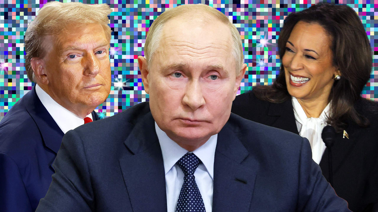  Photo illustration of Vladimir Putin, Donald Trump, and Kamala Harris