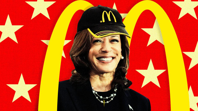 Kamala Harris with a McDonald's Hat in front of the Golden Arches.