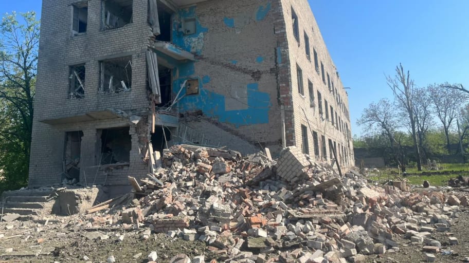 Image showing a damaged building after a Russian missile strike in Avdiivka, Ukraine. 