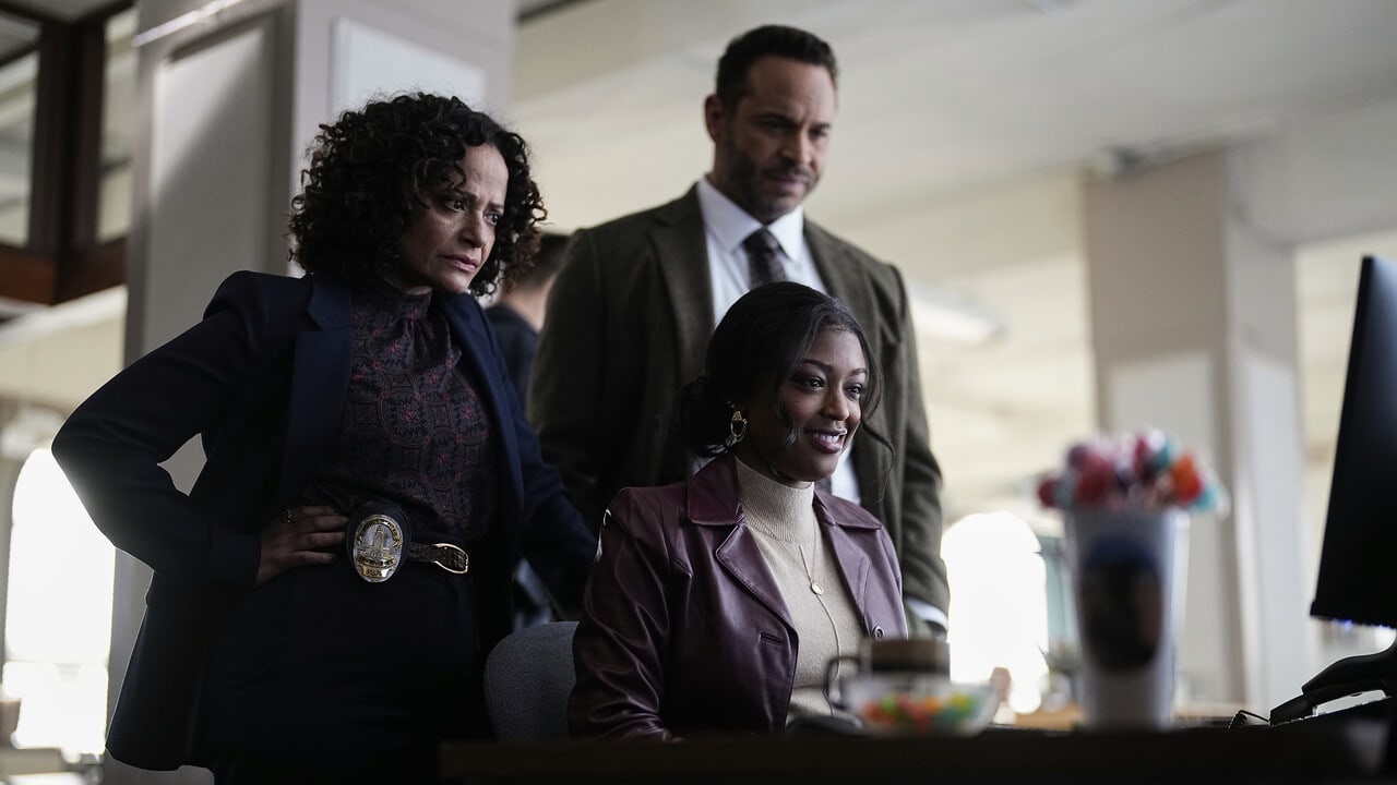 A photo still of Judy Reyes, Daniel Sunjata and Javicia Leslie in High Potential