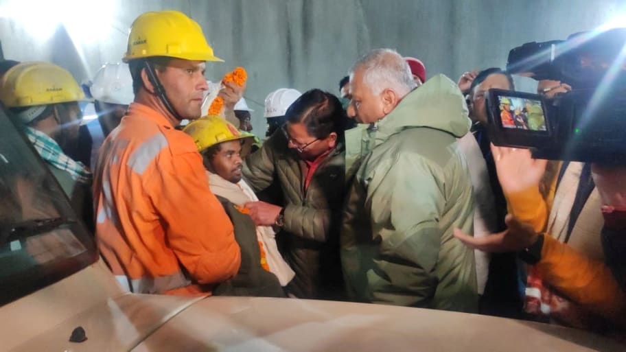One of the trapped workers is checked out after he was rescued from the collapsed tunnel site in Uttarkashi