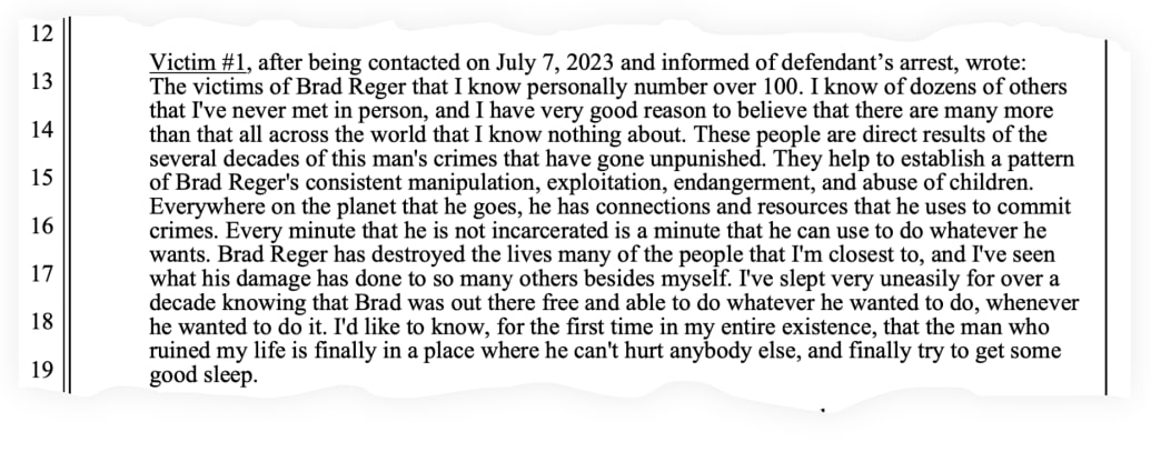 A snippet of the detention memo prosecutors filed in the case of Brad Reger, with a victim urging the judge to keep him locked up.