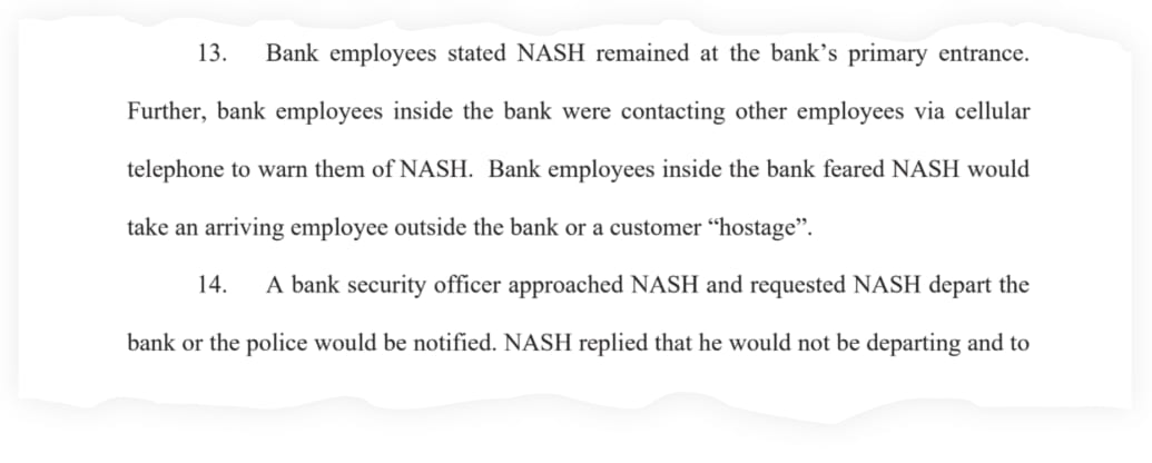 A snippet from the criminal complaint charging Michael Gale Nash with bank robbery.