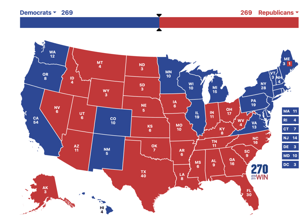 Election map showing a not-so-impossible Electoral College tie that could have taken place if Nebraska switched to a winner-take-all system that was won by Donald Trump.