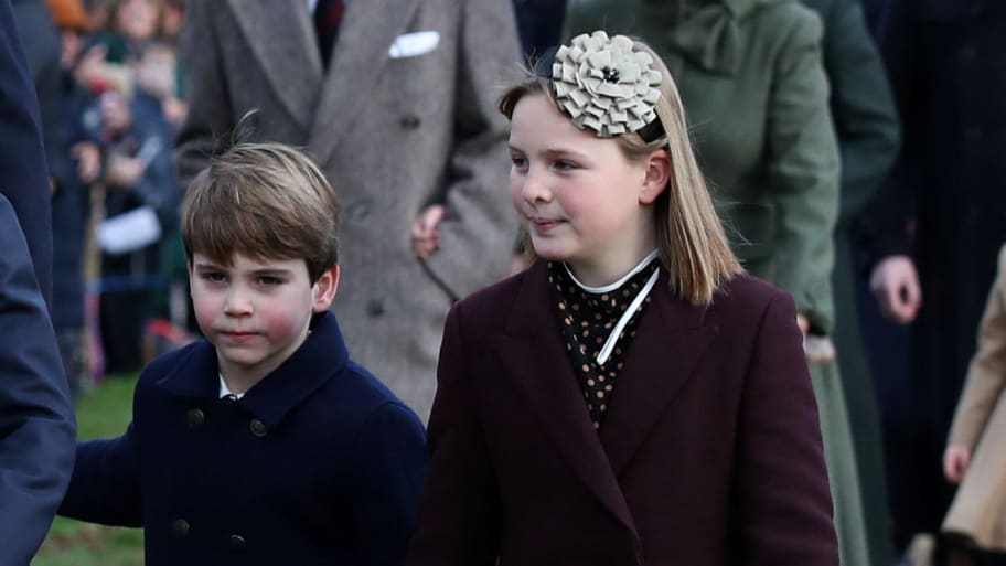 Britain's Queen Camilla, William, Prince of Wales, Catherine, Princess of Wales, Prince George, Princess Charlotte, Prince Louis and Mia Tindall arrive for the royal family's Christmas Day service at St. Mary Magdalene's church, December 25, 2023.