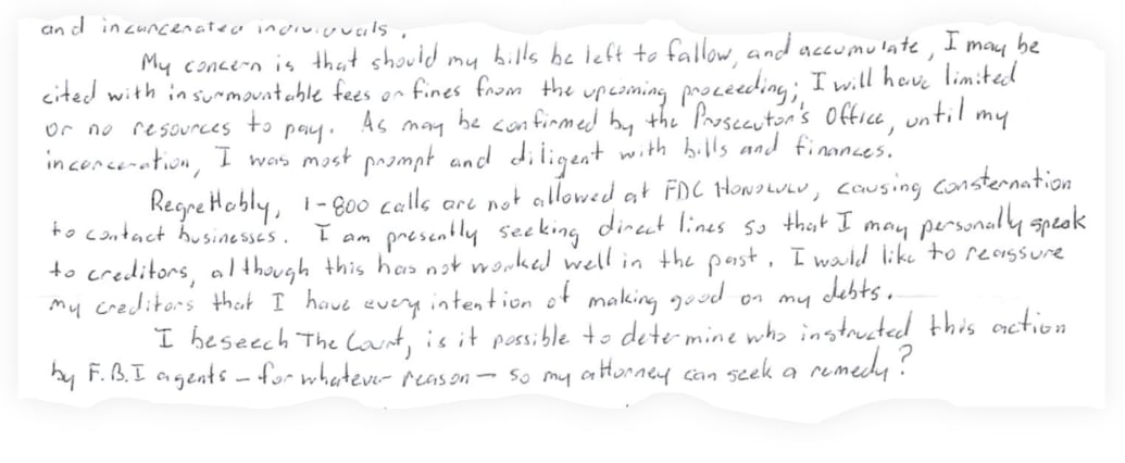 A snippet of the letter Walter Glenn Primrose sent the court from jail