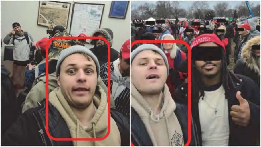 Two pictures side-by-side of Karol Chwiesiuk, a Chicago cop who has been found guilty of four charges related to storming the Capitol on Jan. 6.