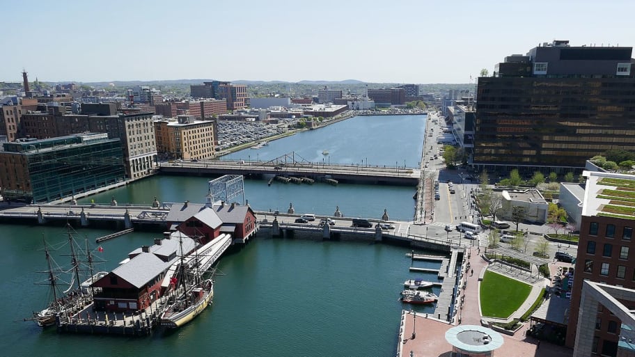 Aerial view of Fort Point Channel in downtown Boston.