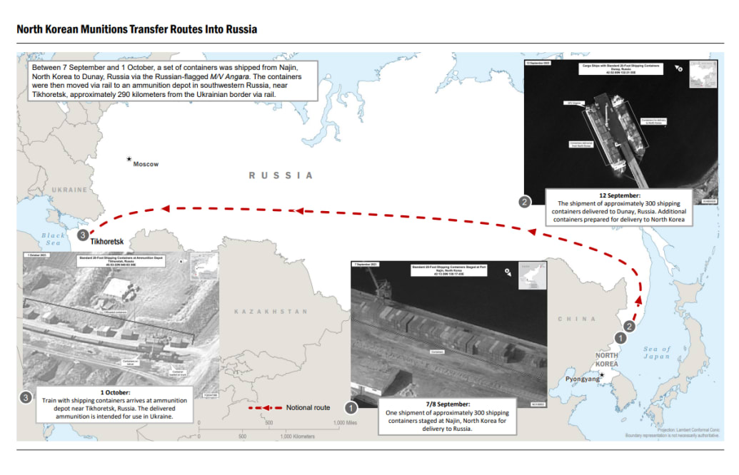 Imagery released by the U.S. government showing a map of alleged North Korean arms transfers to Russia. 