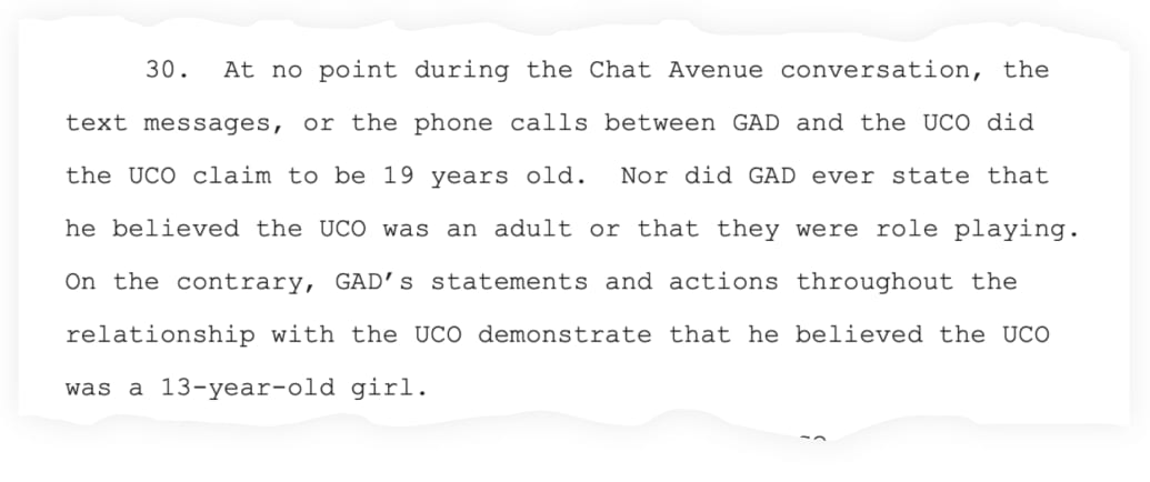 A snippet from the criminal complaint charging Ron Gad with knowingly receiving or distributing child sexual abuse material.