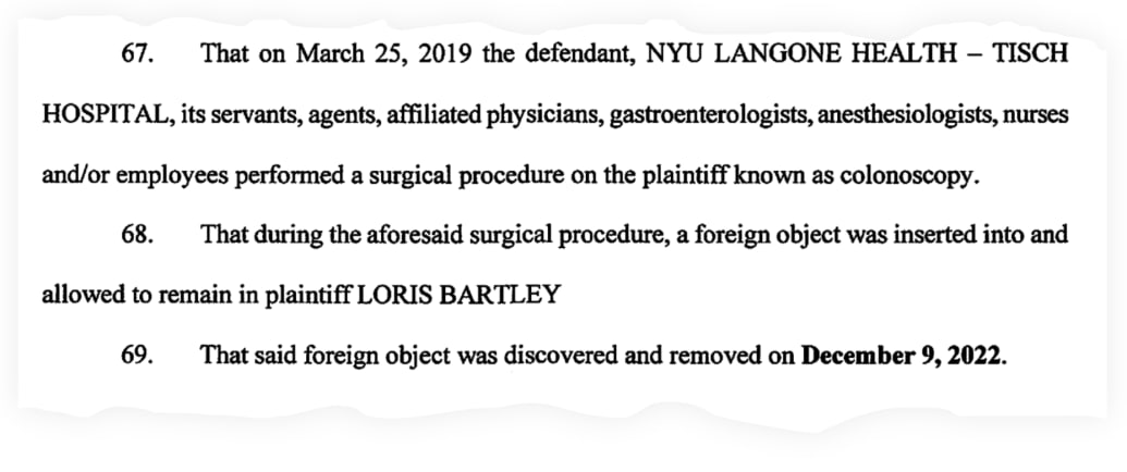 A snippet of the lawsuit filed by Loris Bartley that says a piece of equipment was left inside her on March 25, 2019, and wasn’t removed until Dec. 9, 2022.