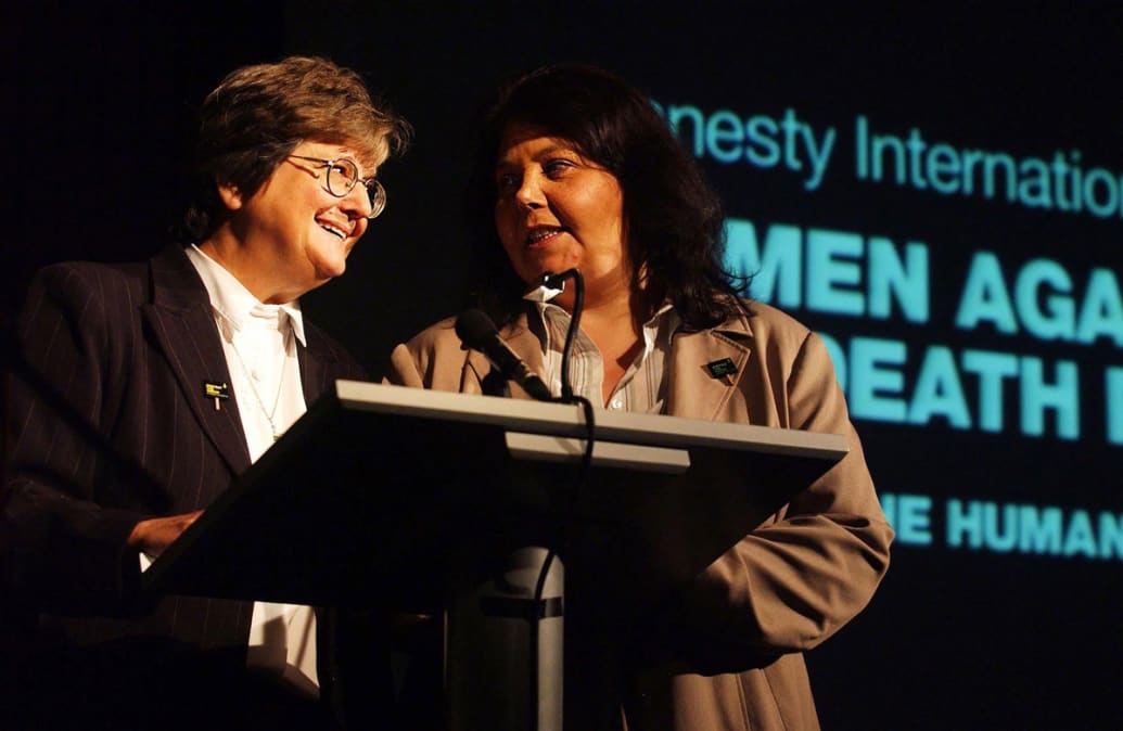 Sister Helen Prejean, left, alongside campaigner Karen Toley, fiancée of Kenny Richey who—when this photograph was taken in January 2006—was on death row in Ohio. He accepted a plea bargain, which led to his release.